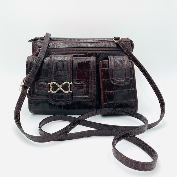 BRIGHTON✨Vintage Chestnut Croc Embossed Leather Organizer Crossbody - Picture 14 of 14